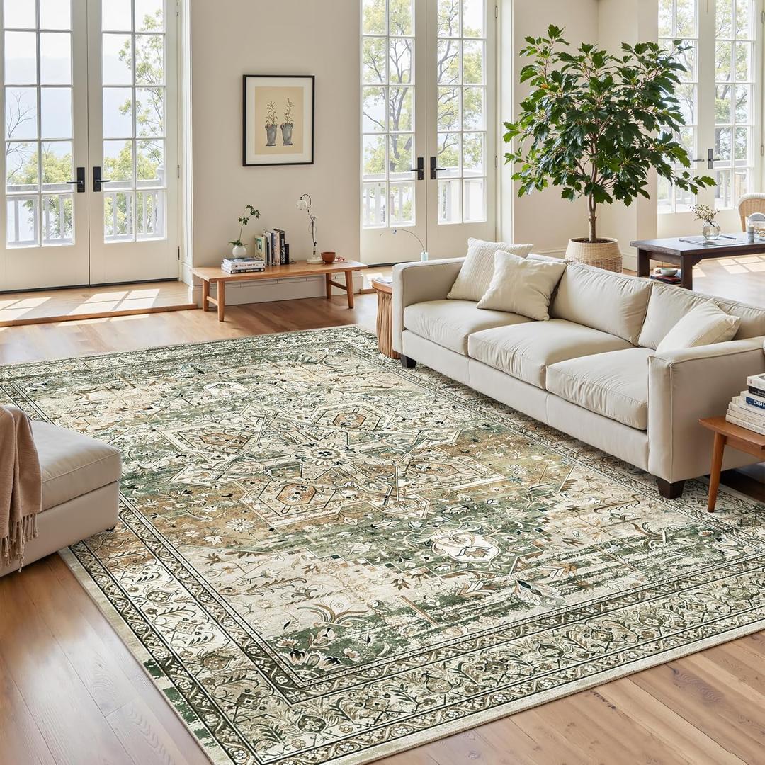 Soalmost 6x9 Area Rugs for Living Room Non-Slip Washable Rugs 6x9 Vintage Rug for Bedroom Dinning Room Ultra-Thin Area Rugs Farmhouse Home Decor Olive/Beige