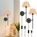 Boho Wall Sconces Set of Two, Black Plug in Vintage Wall Lamps with Rattan-Pattern Fabric Shade, Rustic Wall Light Fixtures with On/Off Switch for Bedroom Living Room Restaurant Hallway