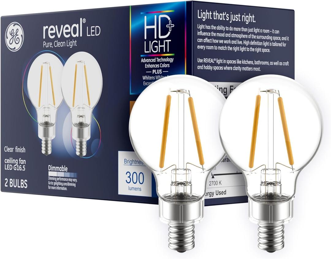 GE Reveal LED Light Bulbs, 40 Watt, A15 Ceiling Fan Bulbs, Clear, Small Base (2 Pack)