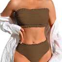 ZAFUL Women Strapless Bandeau Bikini Ruffle 2 Piece Swimwear Cheeky Solid Wave Lace up Bathing Suits (X-Large, 0-brown)