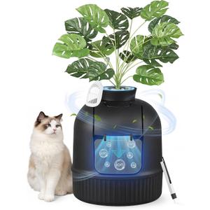 Feandrea Plant Cat Litter Box Enclosure with Artificial Plant, Enclosed Hidden Litter Box Furniture with Door, Carbon Filter, Odor Control, Pebbles, Scoop, Brush, Ink Black UPPT006B101