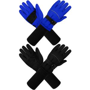 Cooraby 2 Pack Long Kids Winter Ski Gloves Waterproof Warm Snow Gloves Thick Unisex Mitten Gloves for Girls Boys (6-10 Years, Black, Royal Blue)