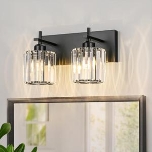 Black Crystal Bathroom Vanity Lights, Modern 2-Lights Bathroom Lighting Fixtures Over Mirror, Crystal Wall Lighting with Round Shade