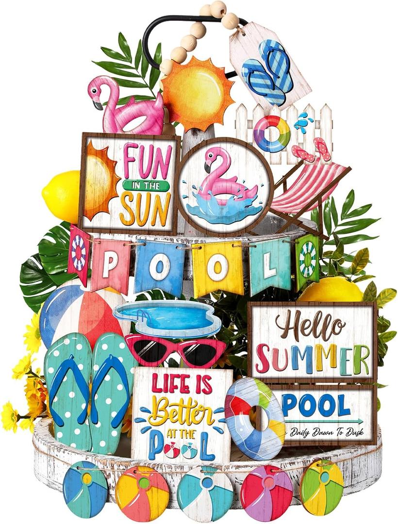 26 Pcs Summer Pool Tiered Tray Decor Sets Farmhouse Hello Summer Wood Sign Flamingo Ball Swim Rings Table Centerpieces Colorful Hawaii Plaque Decorations for Home Kitchen Office Shelf Holiday