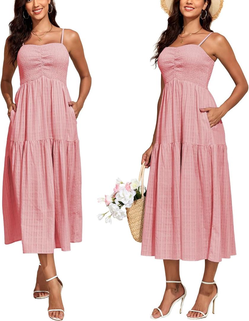 Women Spaghetti Straps Smocked Maxi Dress Tiered Pleated Beach Sundress | Boned Bodice Beach Long Dress With Pockets Square Neck Flowy Swing Ruffled Summer Boho Dress Casual Vacation Outfits (Pink, XS)