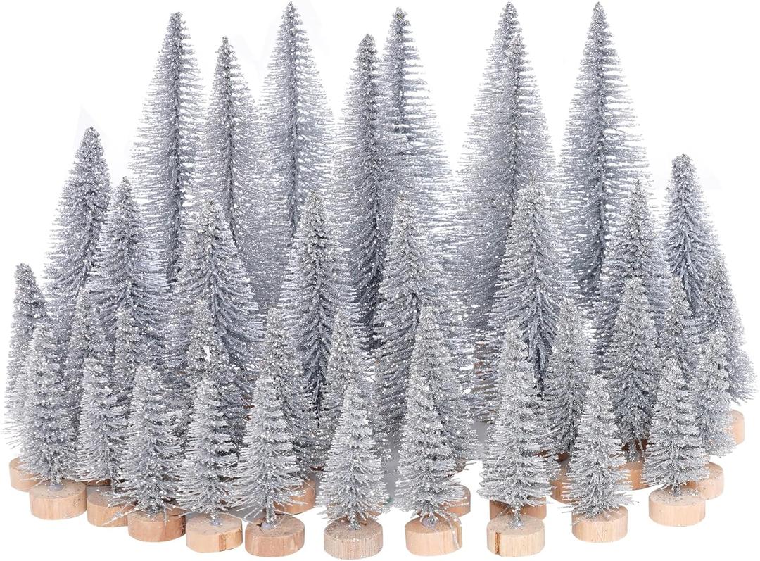 Yookat 40Pcs Mini Christmas Trees Artificial Mini Pine Trees with Wood Base Sisal Trees Bottle Brush Trees Assorted Color for Christmas Decoration Winter Ornaments (Silver)