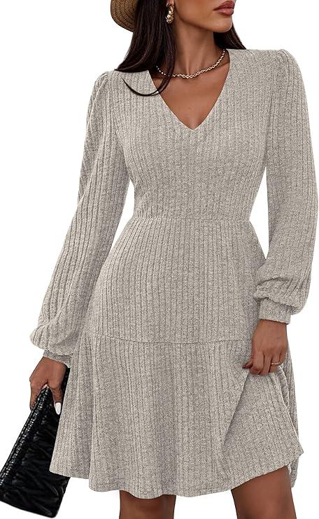 PRETTYGARDEN Long Sleeve Mini Dress for Women 2026 Spring V-neck Knit Babydoll A Line Casual Short Party Dresses