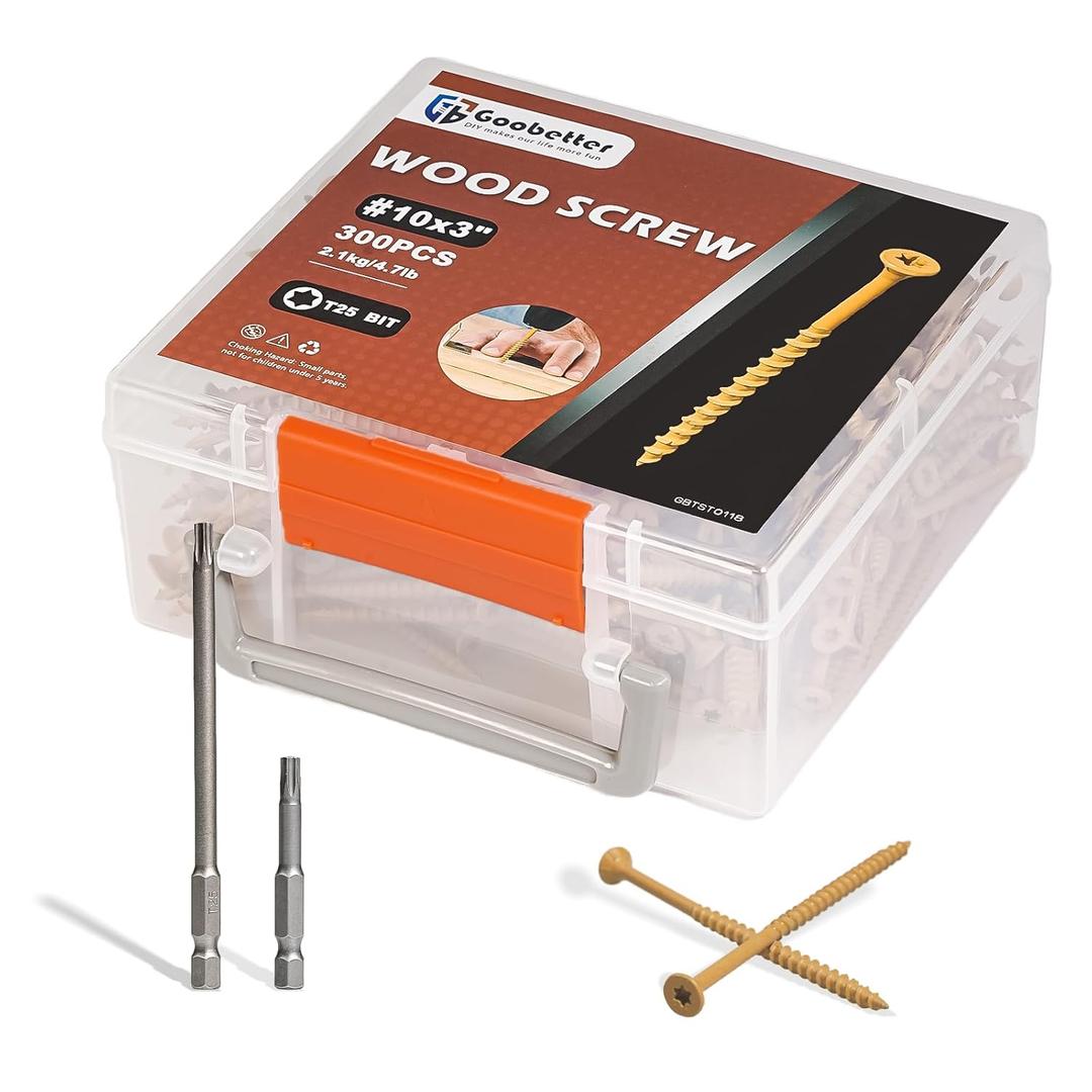 Deck Screws 3 Inch Wood Screws #10 x 3, 300 Pcs, Rust Resistant, Exterior Epoxy Coated, Torx Construction Screws for Wood Fence & Decking, Includes 2 Pcs T25 Star Bits, Yellow