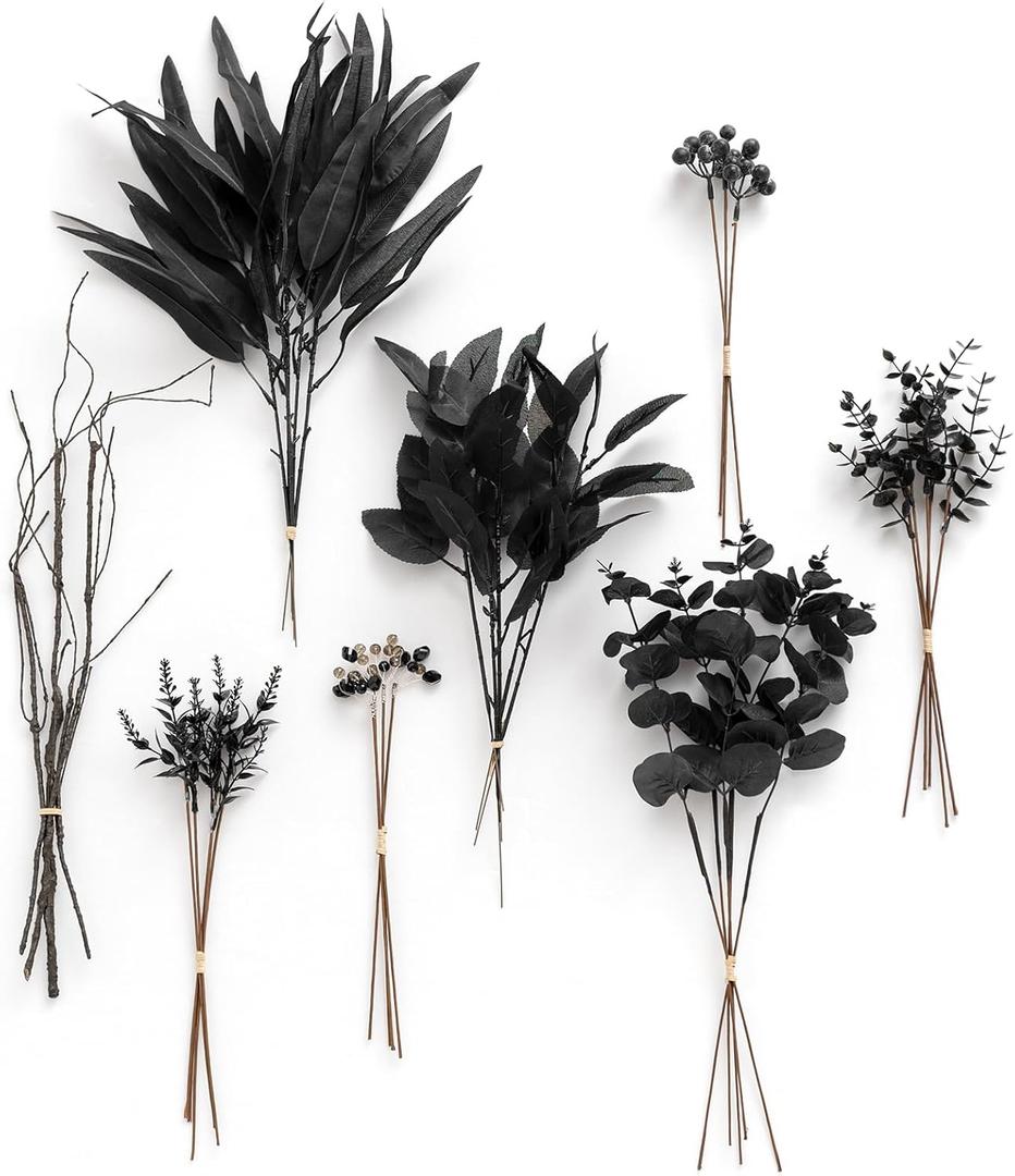 Ling's Moment Artificial Greenery Stems Box Set, 36pcs with 8 Kinds of Faux Flowers Picks for DIY Bridal Bouquets Wedding Floral Arrangement Table Centerpieces, Black