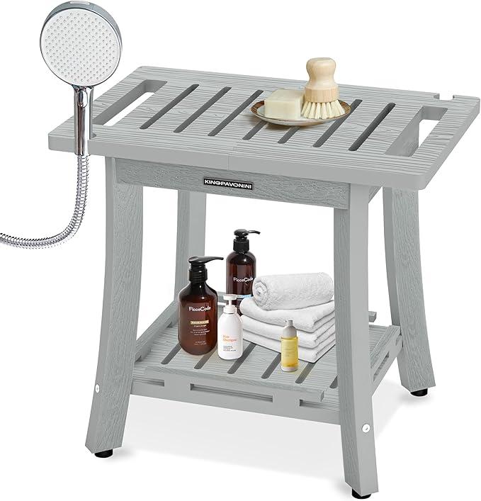 KingPavonini HDPS Shower Benches for Inside Shower to Sit on, Waterproof Shower Stool for Shaving Legs, Heavy Duty 400LBS Shower Seat with Storage Shelf, Shower Chair for Bathroom/Indoor/Outdoor Use