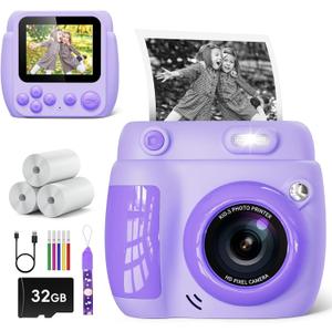 Kids Camera Instant Print - Christmas Birthday Gifts for Girls Boys Age 3-12, 1080P Video Digital Camera with 3 Rolls Printing Paper, Toddler Travel Toy Camera for 4 5 6 7 8 9 10 11 Year Old - Purple