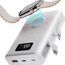 pzoz 20000mAh Portable Power Bank Powerbank Battery Pack with Apple Watch Magnetic Wireless Charger,USB Type C PD Fast Charging Cable Travel High Capacity Compatible iWatch iPhone 16 15 Phone (White)
