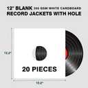 12" White Vinyl Record Jackets, Center Hole, 350gsm, 20 Pack | Thick cardboard sleeves, Blank LP covers for 33 RPM records, Sturdy storage & organization, Fits standard 12" vinyl