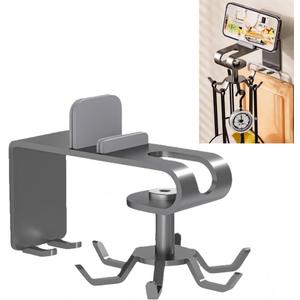 360Rotating Kitchen Utensil Rack n Phone Stand| Wall Mount Free Drilling Adhesive Utensils Hanging Holder with 6 Hooks| for Kitchen Tools n Gadgets
