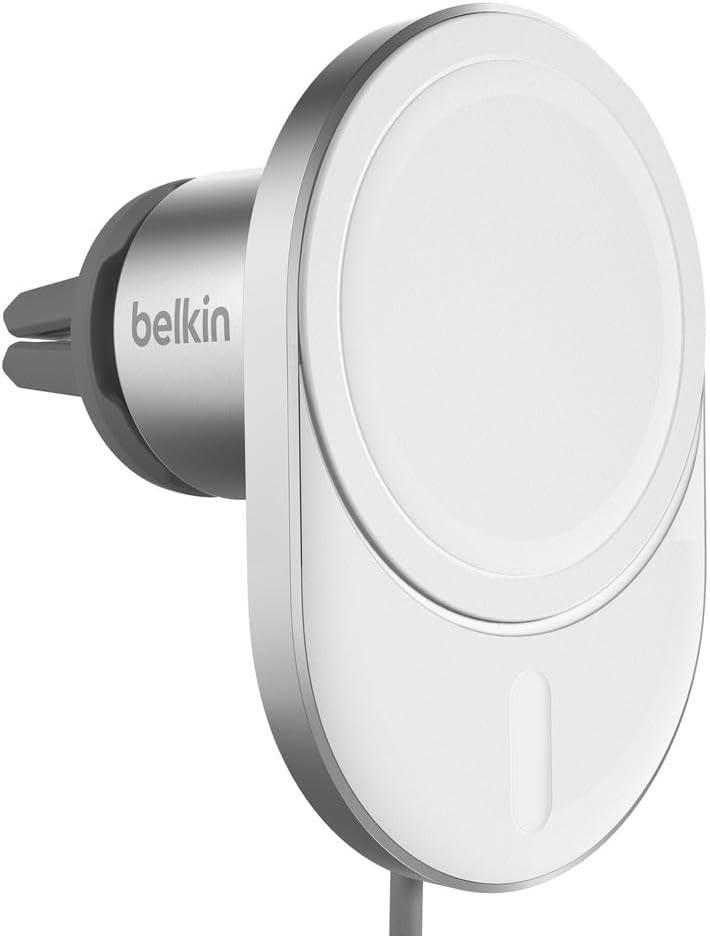 Belkin MagSafe-Compatible Wireless Car Charger with 15W Fast Charging, Powerful Magnetic Vent Holder for iPhone 16, 15, 14, 13, and 12 Series, Secure Car Phone Mount - White