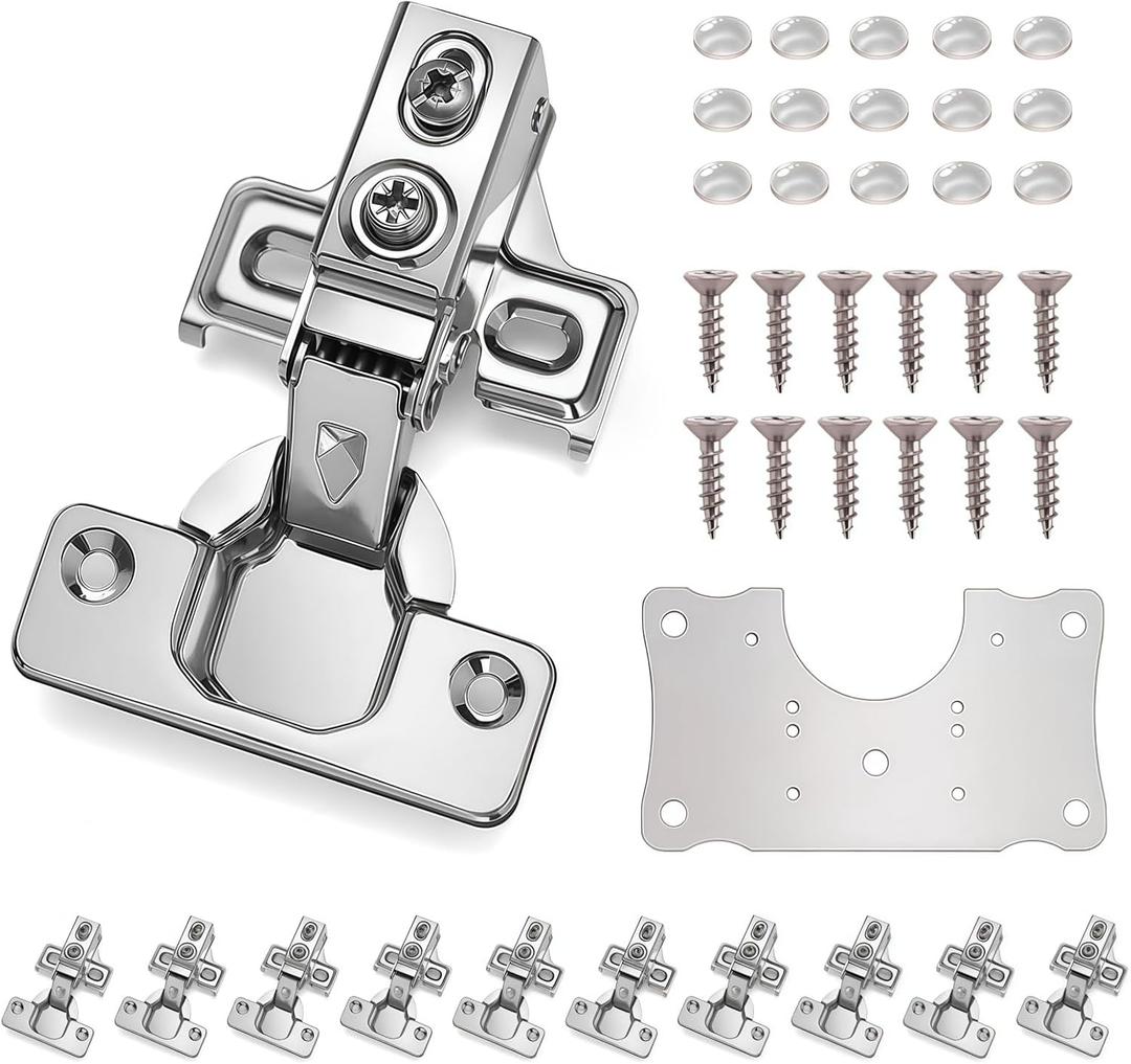 Cabinet Hinges - 10 Pack for 1/2 inch Overlay Cabinet, Face Frame Concealed 106Deg Self Closing Hinges, Stainless Soft Close Cabinet Door Hinges with Mounting Screws and Repair Plate