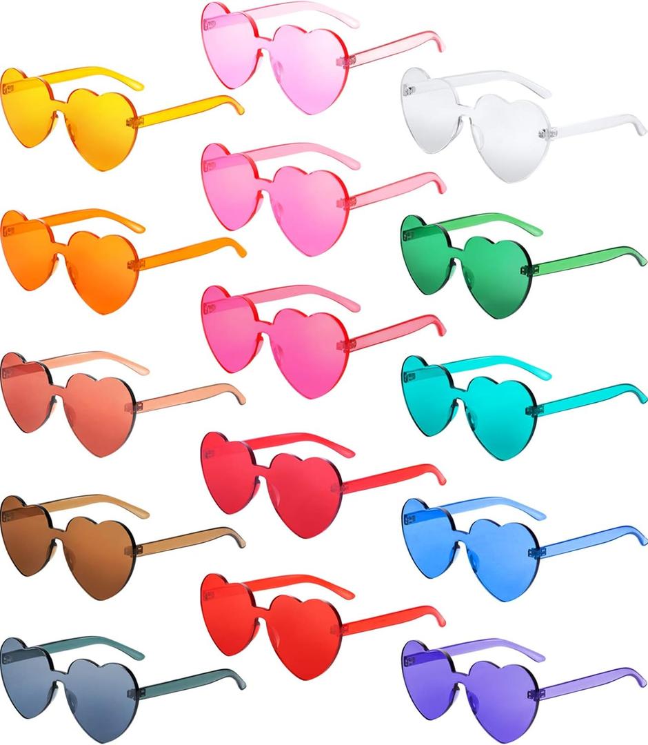 Gejoy 15 Pairs Heart Shaped Sunglasses for Women Men Valentine Transparent Candy Color Frameless Glasses