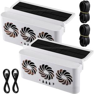 Tujoe 2 Pack Solar Powered Car Exhaust Fan 3 Fans Car Window Air Vent Radiator Solar Energy Cooling Vent Exhaust for General Types (Solar & Battery & USB 3 Fans,White)
