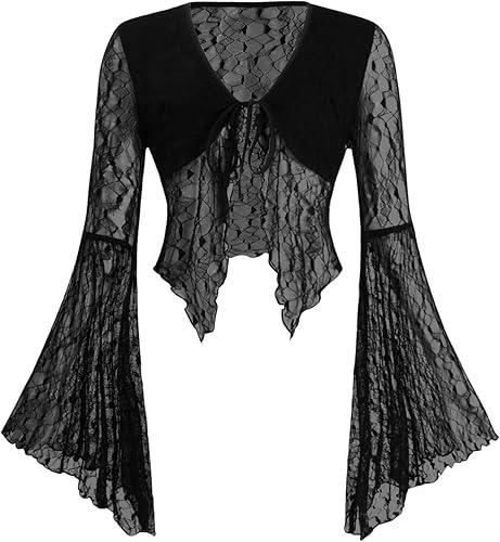 Verdusa Women's Lace Tops Tie Front Bell Long Sleeve Sheer Blouse Crop Tops S