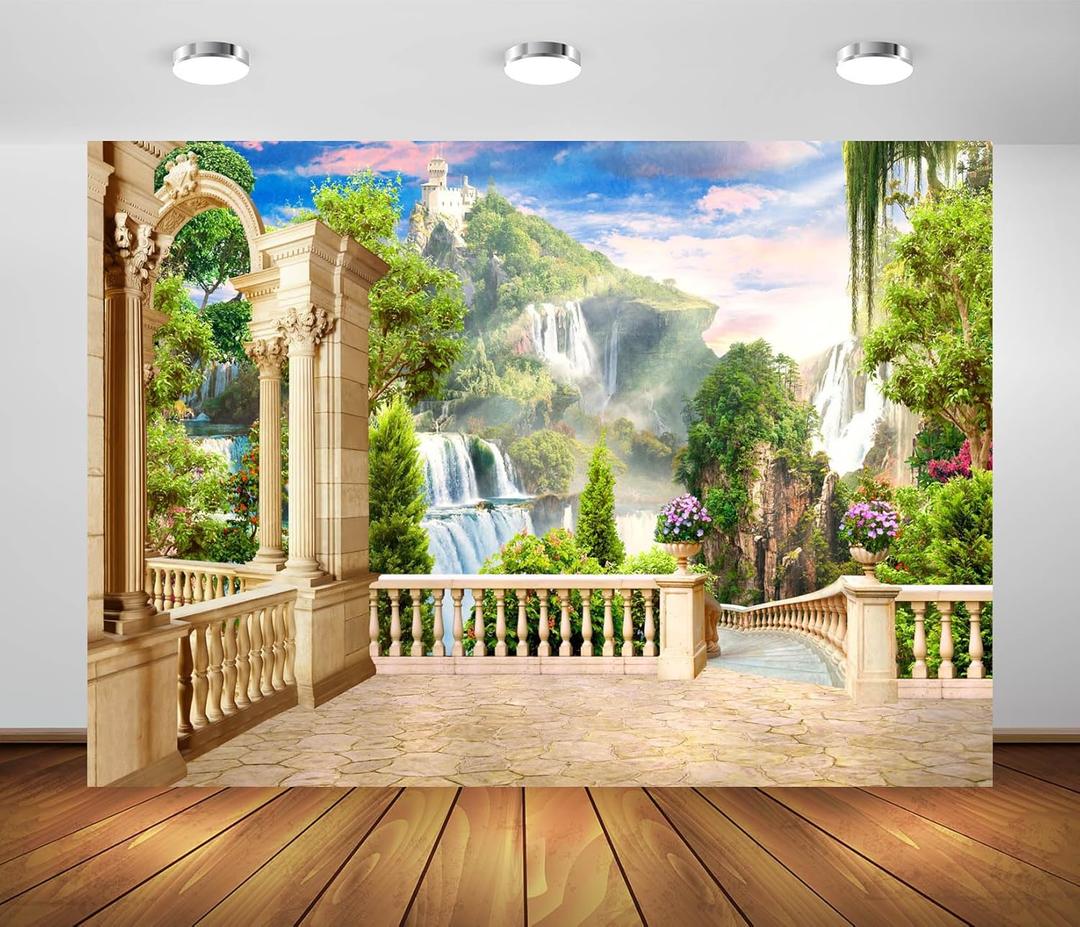 BELECO 7x5ft Fabric Beautiful Garden Terrace View of Mountain Waterfall Backdrop Picturesque Green Mountain Trees Cascade of Waterfalls Columns Arch Landscape Background Wall Mural Photo Studio PropsBELECO 7x5ft Fabric Beautiful Garden Terrace View of Mountain Waterfall Backdrop Picturesque Green Mountain Trees Cascade of Waterfalls Columns Arch Landscape Background Wall Mural Photo Studio Props (A16444)