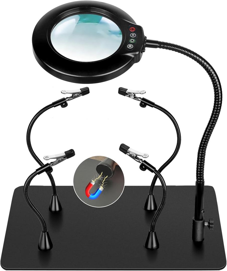 Soldering Helping Hands 10X Magnifying Glass with light and Stand PCB Holder, Drdefi Soldering Station Third Hand Tools Magnifier with Thickening Alligator Clip Large Magnetic Base for Repairing