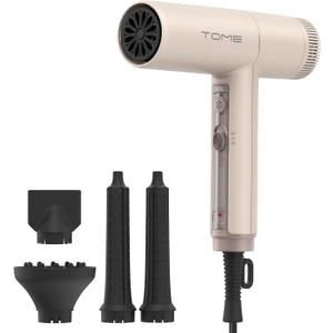 TOME Hair Dryer, 1875W High-Speed EC Motor 110,000 RPM Ionic Blow Dryer, Fast Drying, Cool Shot Lock, 3 Heat 2 Speed, 4 Attachments (Styling Nozzle, Diffuser, 2 Air-Powered Wrap Wands), 125V Pink