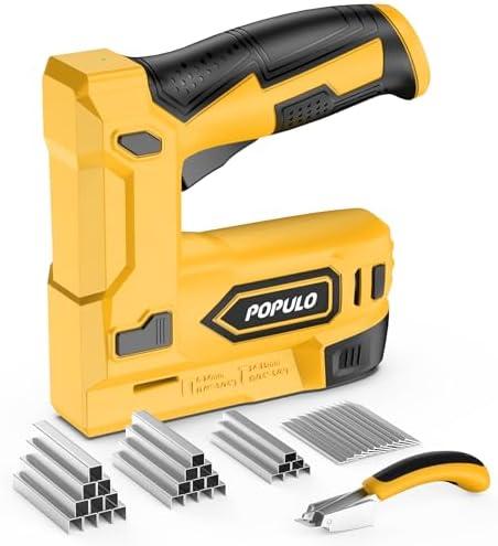 POPULO Electric Staple Gun, 2 in 1 Electric Stapler Tacker 4V Cordless Brad Nailer Kit, Battery Powered Nail Gun for Upholstery, Carpentry, DIY with Staple Remover, 1600 Staples and Nails, Yellow
