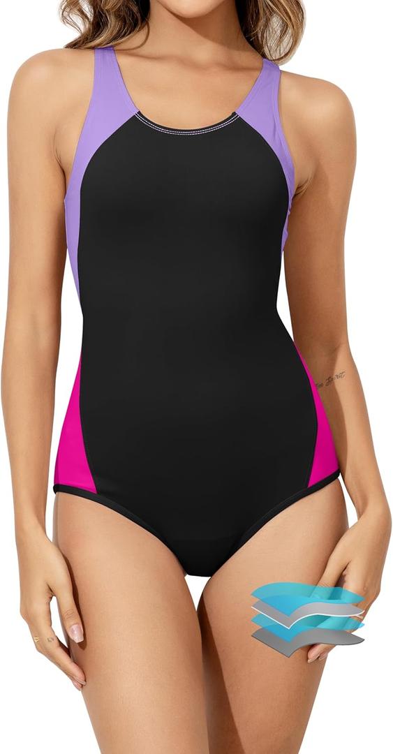 Beautikini Period Swimwear One Piece Leakproof Menstrual Swimsuit Racerback Color Block Bathing Suit for Teen Girls Women (Medium, Black Purple)