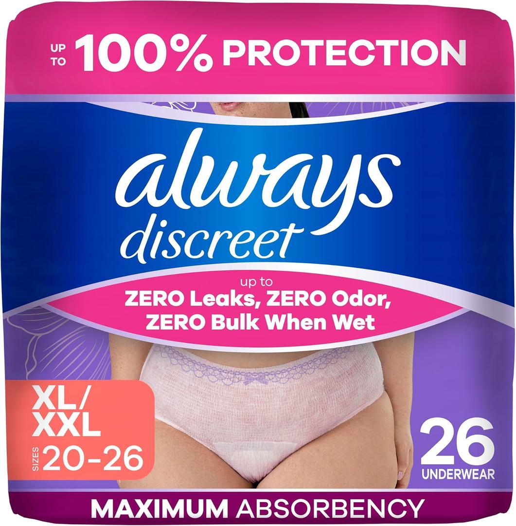 Always Discreet Adult Diapers for Women, Incontinence Underwear, Postpartum Essentials, Disposable Briefs, Max Absorbency, Bladder Leak Protection, Extra Large/XL, 26ct