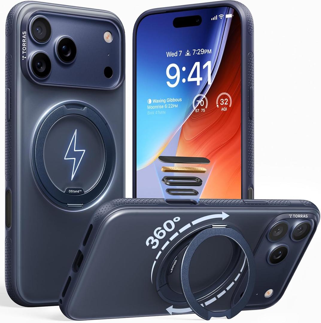 TORRAS 360 Magnetic Stand for iPhone 17 Pro Case, Ostand 3.0 [Fit for MagSafe][4X Mil-Grade Shockproof] Rotatable Kickstand Protective Cover, Camera Control Button, Translucent Deep Blue, O3 Fitness
