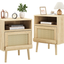 Night Stands for Bedrooms Set of 2, Bed Side Tables Bedroom with Drawer Open Shelf, Rattan Nightstand with Solid Wood Legs for Living Room - Natural
