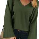Yousify Womens V Neck Oversized Sweaters Long Sleeve Knit Pullover Trendy Casual Chunky Sweater (Medium, Army Green)