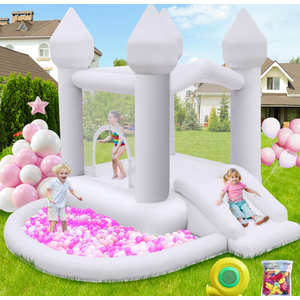 FBSPORT White Bounce House, Inflatable Bouncer with Air Blower,Indoor & Outdoor Bouncy Castle with Big Ball Pit for Wedding Party Kids Birthday Party, Easy to Install