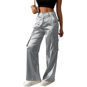 Women's Satin Cargo Wide Leg Pants Silky Party Dressy Casual Pocketed Pant Long Trouser Size M