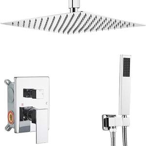 Heable Polished Chrome Shower System Bathroom 16 Inch Rain Shower Head Ceiling Mount with Handheld Luxury High Pressure Shower Combo Set Shower Faucet Rough-in Valve Body and Trim Kit