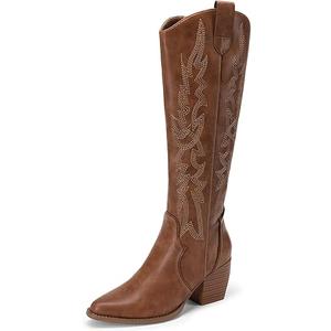 DREAM PAIRS Womens Cowboy Boots Wide Calf Comfortable Pull On Zipper Chunky Heel Pointed Toe Embroidered Western Cowgirl Knee High Boots Girls Ladies Retro Tall Boot 9