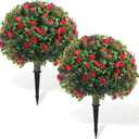 Yunlly Set of 2 Artificial Boxwood Topiary Ball Tree Fake Bushes Shrubs Outdoor Faux Plant with Ground Spike Flowers UV Resistance Greenery for Front Porch Garden Patio Indoor(Red,18x10inch)