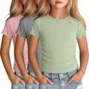 3 Pack Girls Short Sleeve Cute Shirts | Ribbed Knit, Crew Neck, Slim Fit, Summer, Basic, Soft, School Outfit, Trendy, Ages 5-14, Solid Colors, Versatile Styling