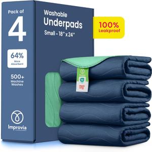 IMPROVIA Washable Underpads 18" x 24" Pack of 4 Heavy Absorbency Reusable Bedwetting Incontinence Pads for Adults, Kids, & Pets - Waterproof Protective Pad for Bed, Couch, Sofa, Floor (Navy & Green)