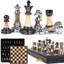Luxury Large Metal & Acrylic Chess Set with Wooden Chess Board (17)  Weighted Metal Pieces with 3.5 King, Foldable Tournament Chess Set for Adults & Kids, Professional Family Board Game