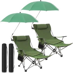 Yuntau 2 Set Reclining Beach Chairs with UPF 50+ Umbrellas Shade, Upgraded Heavy Duty Portable Folding Lounge Camping Chair with Canopy Removable Footrest & Headrest for Outdoor Patio(Green), 61.42 x 35.24 x 21.26 inches