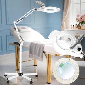 KIRKAS 12X Floor Magnifying Glass with Light and Stand, 2200 Lumen Infinite Color Dimmable 2 in 1 Lighted Magnifier lamp for Close Work, Craft, Sewing, 5 Wheel Rolling Stable Base Esthetician-White