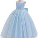 Girls Sequin Tulle Dress Formal Pageant Sparkly Birthday Party Wedding Guest Ball Gown Dresses with Bow (Blue, S)