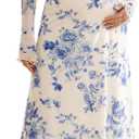 KUTUMAI Off Shoulder Strecth Maternity Dress Long Sleeve Floral Maxi Wedding Guest Pregnancy Baby Shower Photoshoot Dresses (Blue, L)