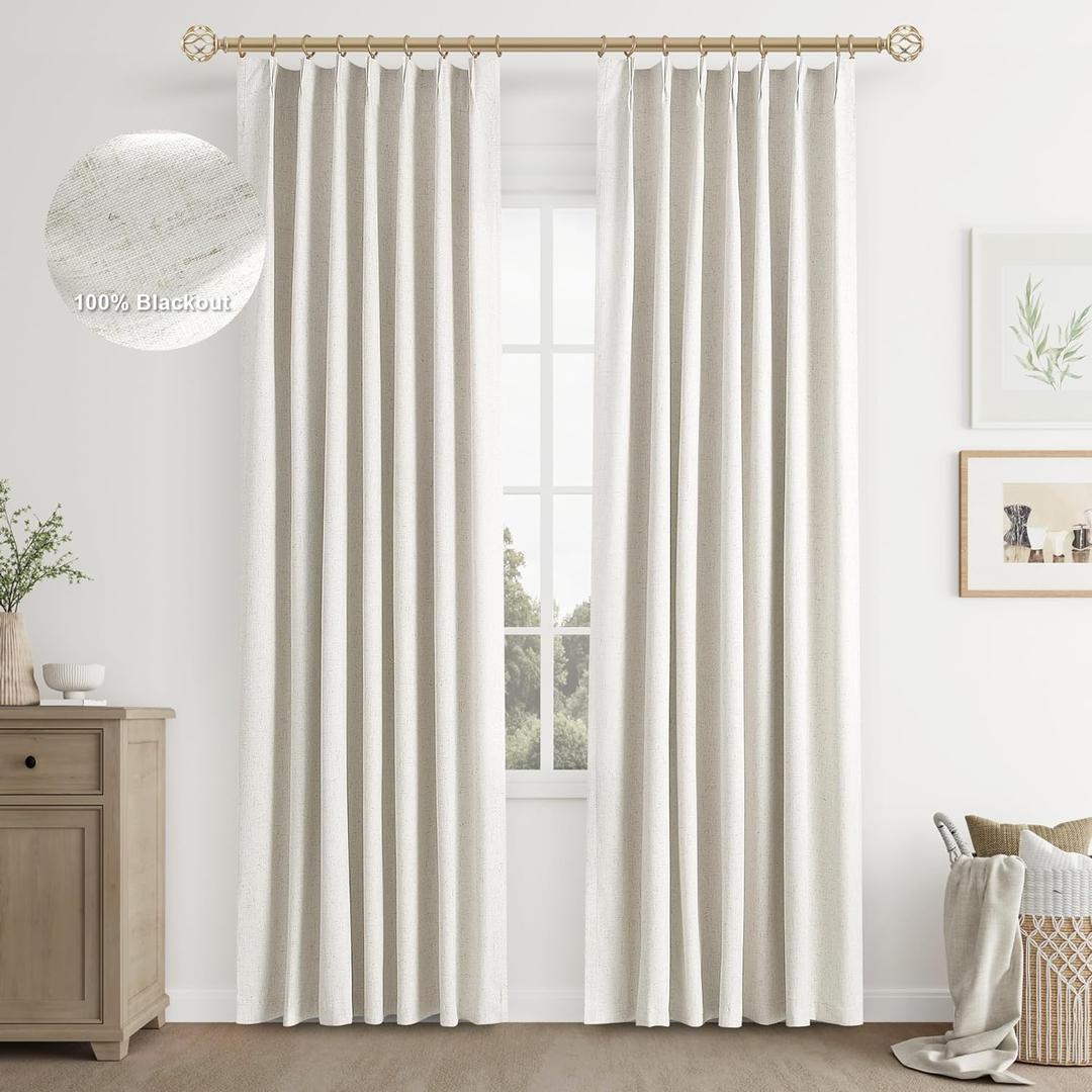 Joywell Cream Ivory Linen Full Blackout Curtains 96 Inch Long,Pinch Pleated Back Tab Drapes with Hooks Thermal Insulated Noise Block for Bedroom Living Room,W40 x L96,Natural Beige,2 Panels Set