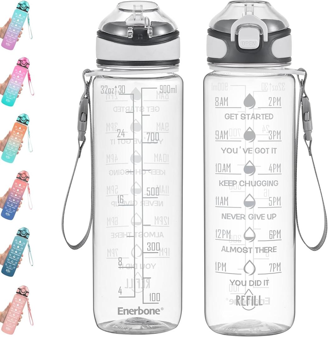 Enerbone 32 oz Water Bottle with Times to Drink and Straw, Motivational Drinking Water Bottles with Carrying Strap, Leakproof BPA & Toxic Free, Ensure You Drink Enough Water for Fitness Gym Outdoor