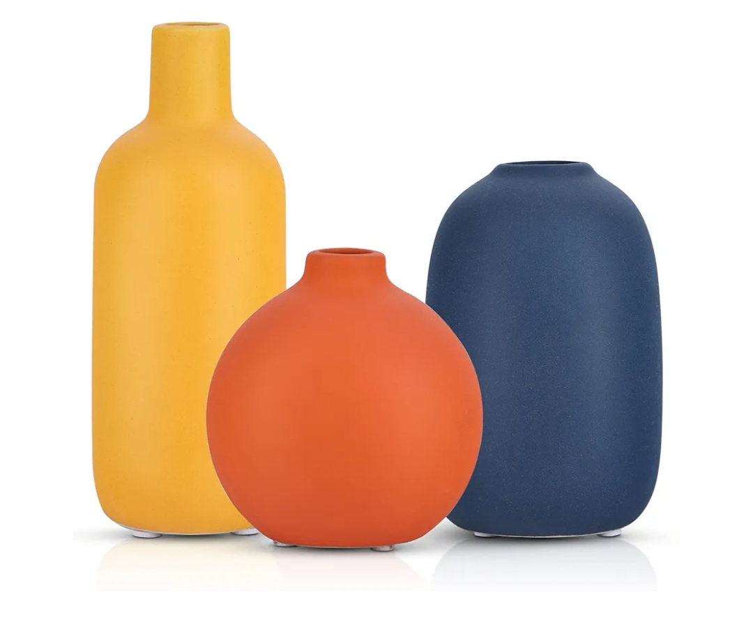 Cute Vase Matte Ceramic vases set of 3 Orange, Modern Boho Vases for Decor small vase,Centerpiece Table Decor japandi home decor Minimalist vase for Décor Room,Entryway, Bookshelf, Mantel, Shelf Décor