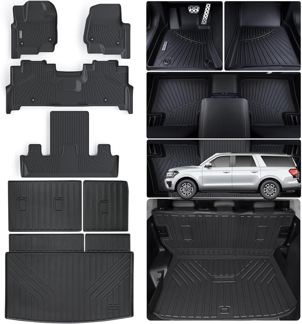 Floor Mats for Ford Expedition MAX 2018-2024 (Only Fit 7 Seats-2 Row Bucket Seat Non Short) & Trunk Mat All Weather Protection Floor Liners & Cargo Liners Velcro Covering The Backrest Accessories
