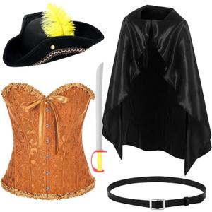 Newcotte Women Cat in Boots Costume Set for Halloween Cosplay Hat Cloak Belt Waist Corset Accessories Props for Adult Halloween Party Cos Supplies