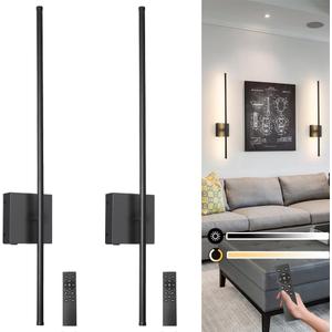 Battery Operated Wall Sconce Set of 2, Black USB Rechargeable Sconces Wall Deco Set of Two, Dimmable Cordless Wall Sconce with Remote Control, LED Wireless Wall Lighting,31.6 in
